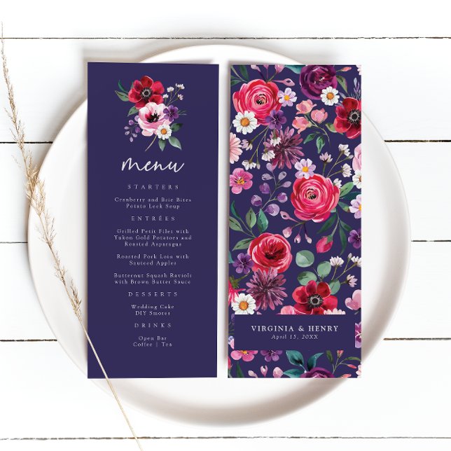Menu Marinho Floral Wedding (Watercolor Navy Blue Floral Wedding Menu by Painted Paperie
)