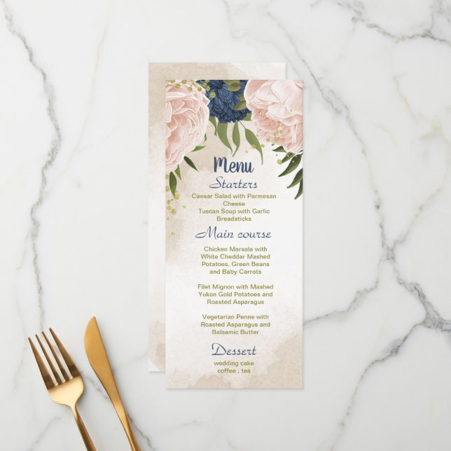 Menu marinho florescente folhas verdes casamento (Frente/Verso In Situ)
