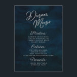 Menu Marinho Luster Azul Escuro Janto de Aquarela Azul<br><div class="desc">Marinho Luster Dark Blue Watercolor Design, com tipografia Silver Sparkle e bela textura de fundo de aquarela. Com Fontes Modernas De Script Chic. Um estilo de tendência e luxuoso - Menus de decoração de Mesa de Recepção de Casamento Personalizados! Veja meu compro para ver a suíte de casamento inteira para...</div>