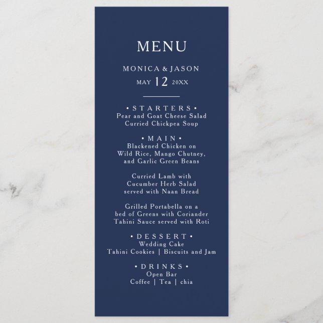 Menu Marinho mínimo clássico azul | Janto Silver Weddin (Frente)