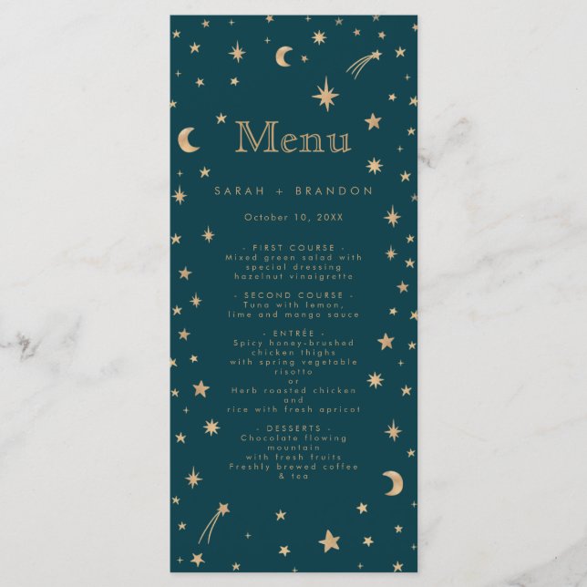 Menu Marinho Místico Dourado Estrelas Casamento da Lua (Frente)