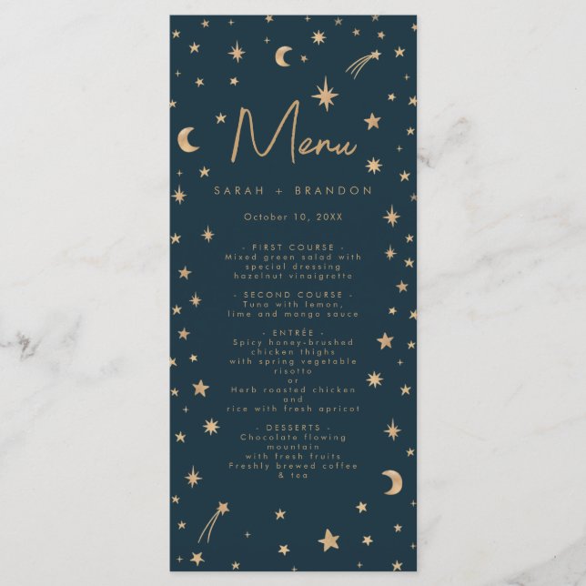 Menu Marinho Místico Dourado Estrelas Casamento da Lua (Frente)