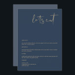 Menu MARINHO moderno CAITLIN e Dourado Eat de Vamos de<br><div class="desc">Este menu apresenta uma fonte escura escrita à mão e um design moderno minimalista com uma combinação moderna de cor azul e dourada do marinho. Edite com facilidade o texto *maioria* para atender às suas necessidades. Este menu faz a adição perfeita ao seu simples chá de fraldas, chá de panela,...</div>