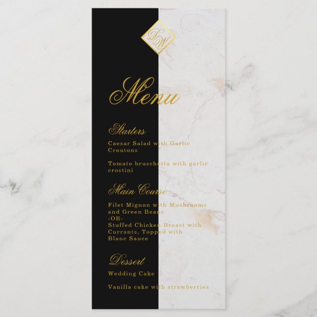 Menu Mármore Preto Branco Monograma Caligrafia Dourado  (Frente)