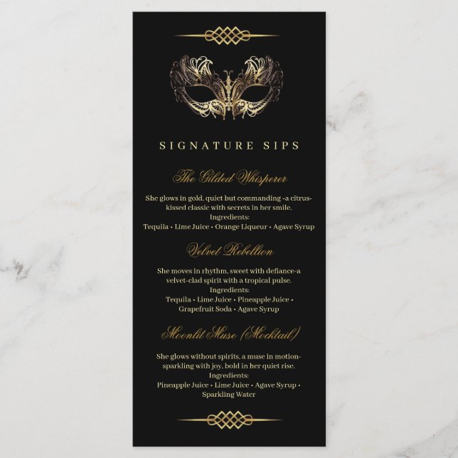 Menu Mask Black Gold 50th Masquerade Birthday  (Frente)