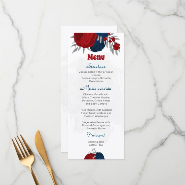 Menu matrimônio botânico de prata, flores azuis e marin (Frente/Verso In Situ)