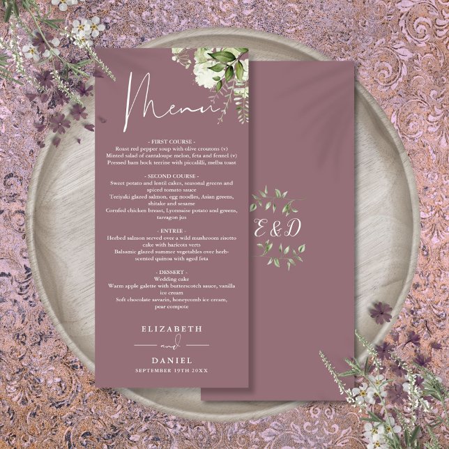 Menu Mauve Floral Greenery Monograma Janto Casado (Mauve Floral Greenery Monogram Wedding Dinner Menu)