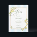 Menu Mediterranean Lemon Coastal Stripe Wedding<br><div class="desc">Elevate your place settings with this elegant lemon-themed wedding menu, designed to coordinate beautifully with your citrus-inspired suite. Featuring soft blue-and-white stripes, a delicate watercolor lemon-and-greenery border, and graceful script typography, this menu brings a fresh Mediterranean charm to each table while showcasing your meal in refined style. Perfect for coastal,...</div>