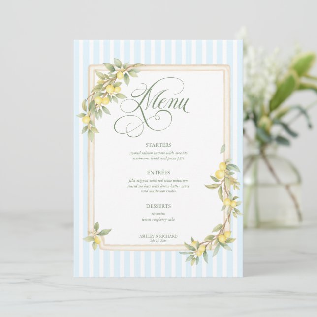 Menu Mediterranean Lemon Coastal Stripe Wedding (Em pé/Frente)