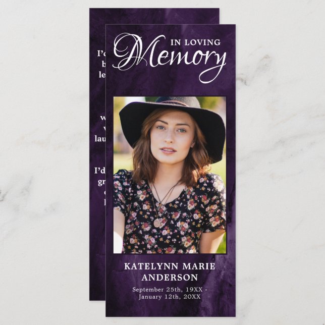 Menu Memorial Prayer Card Purple Marble Funeral Foto (Frente/Verso)