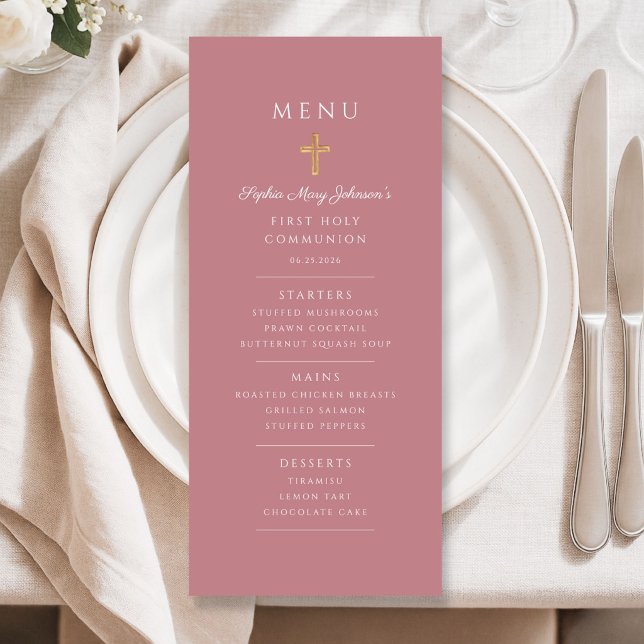 Menu Menina Rosa Elegante Primeira Comunhão (Elegant Pink Girl First Communion Menu)