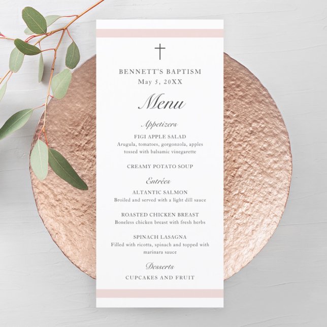 Menu Meninas Rosa Elegantes Modernas Batismo (Modern girls baptism menu with script headlines and simple cross.)