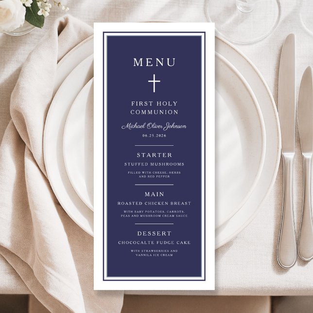 Menu Menino Cruz Azul Marinho Moderno Primeira Comunhão (Modern Navy Blue Cross Boy First Communion Menu)