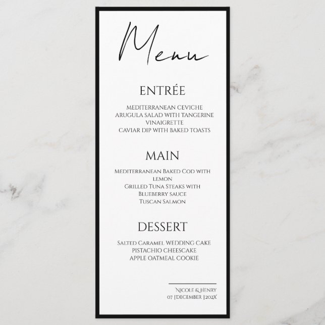 Menu Menú Minimalista Bordes Negros Boda Elegante (Frente)