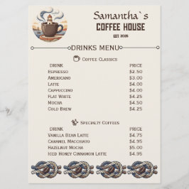 Menu Mercadorias Personalizadas de Café Costeiro Vintag
