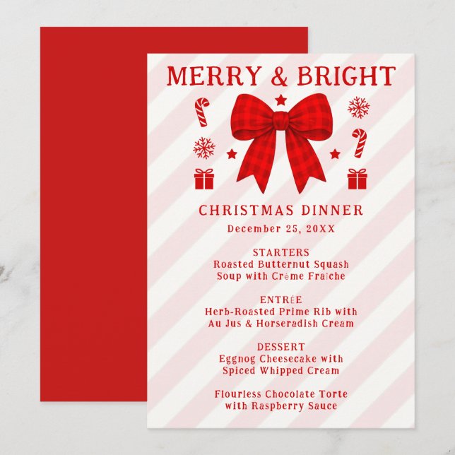 Menu Merry & Bright Toca de Xadrez Vermelho Natal Janta (Frente/Verso)