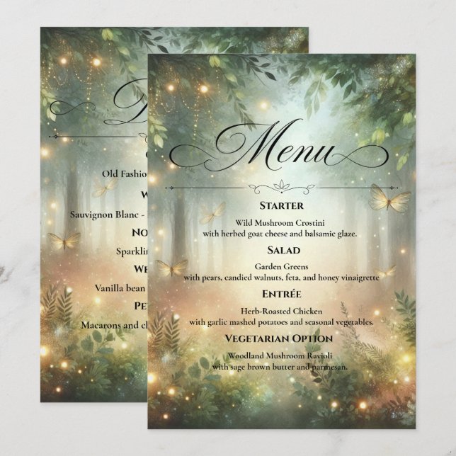 Menu Mesa de Casamento com Magia da Floresta Mística do (Frente/Verso)