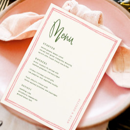 Menu Mesa de Casamento de Francês Rosa e Verde Escrita 