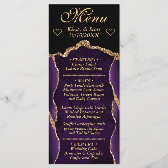 Menu Mesa de Casamento de Mármore Ágata com Brilho Roxo (Frente)