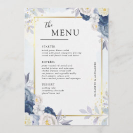Menu Mesa de Casamento Floral Dourado e Azul Elegante