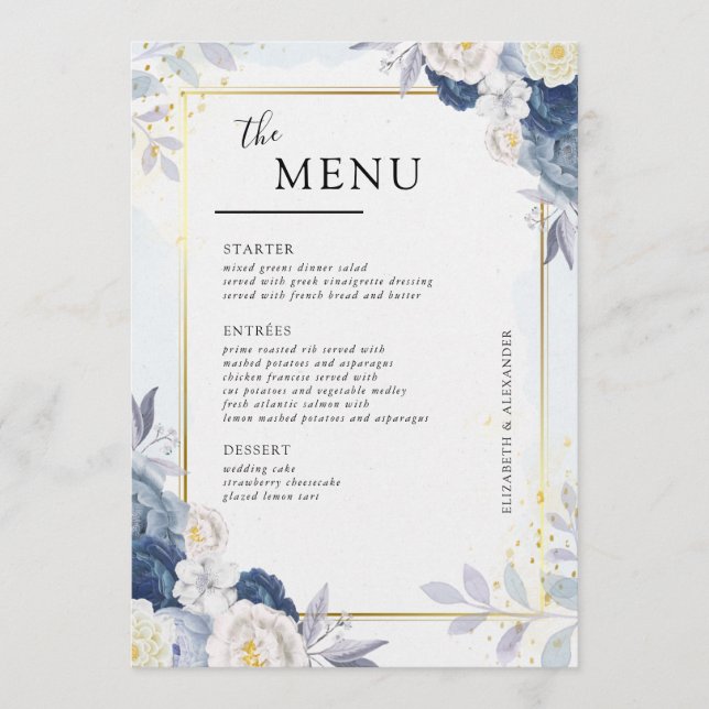 Menu Mesa de Casamento Floral Dourado e Azul Elegante (Frente)