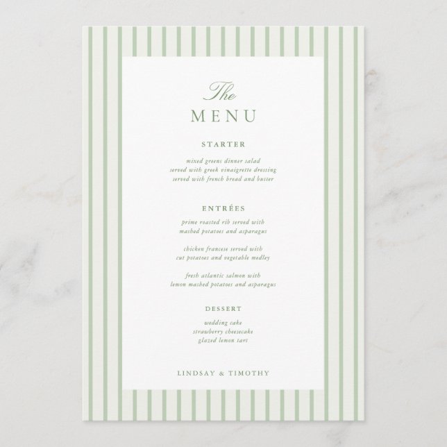 Menu Mesa de Casamento Listrada Clássica Verde 5x7" (Frente)