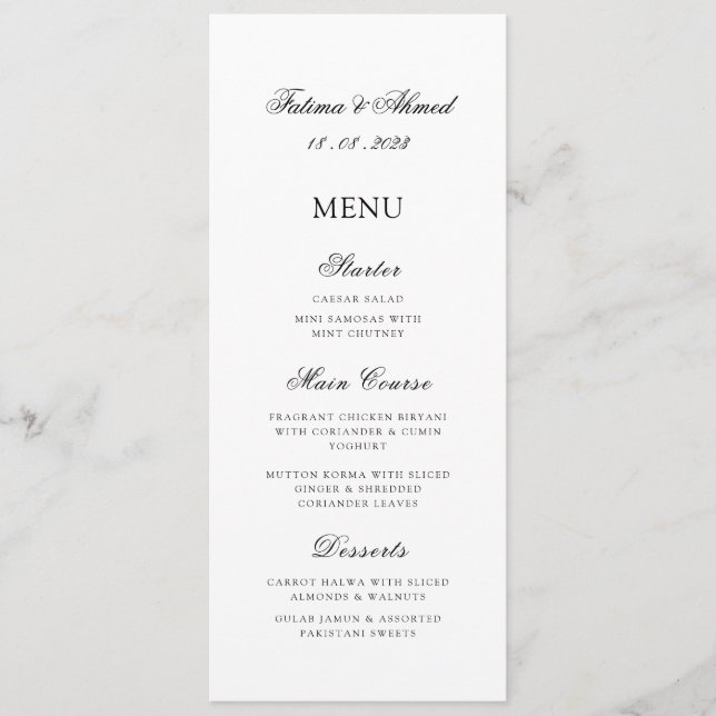 Menu Mesa de Casamento Mínimo Moderno e Branco Muçulman (Frente)