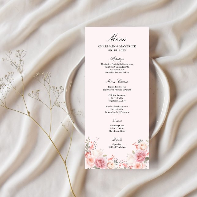 Menu Mesa de Casamento Rosa-Rosa com Blush Floral Elega (Criador carregado)