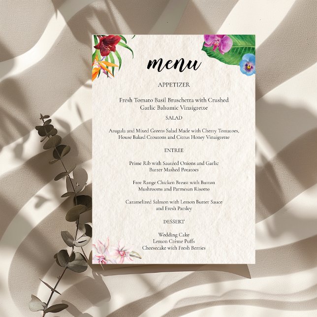 Menu Mesa de Casamento Tropical de Watercolor (Criador carregado)