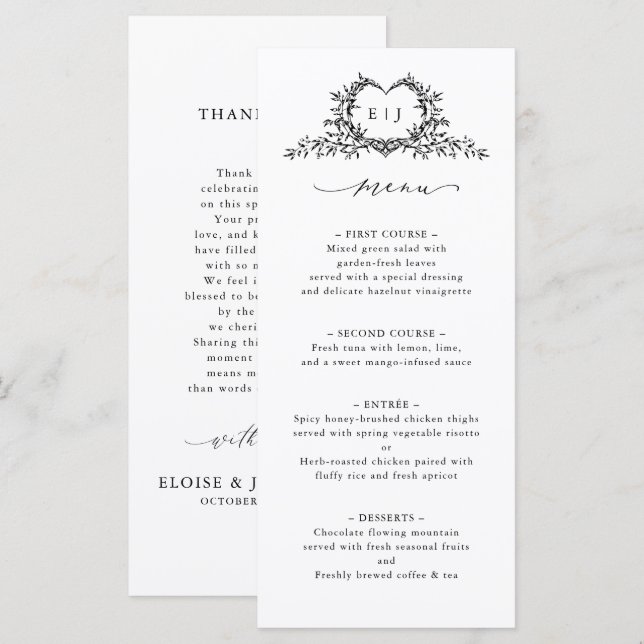 Menu Minimalist Calligraphy Crest Double-Sided Wedding (Frente/Verso)