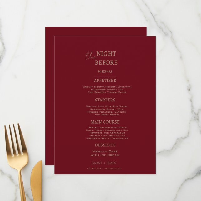 Menu Minimalista Burgundy na noite antes do casamento (Frente/Verso In Situ)