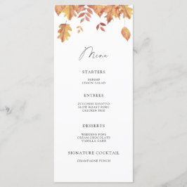 Menu minimalista de folhas caindo em aquarela