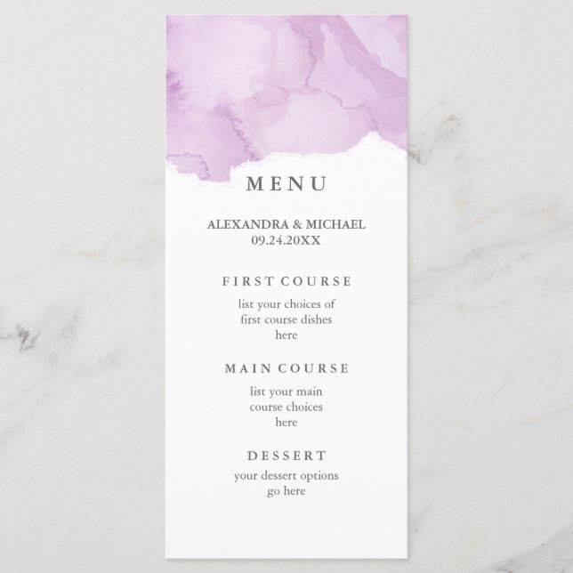 Menu Minimalista Moderno de Casamento com Aquarela (Frente)