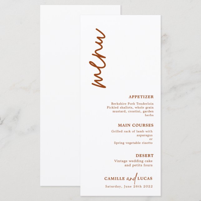 Menu Minimalista Terracotta Rust Wedding (Frente/Verso)