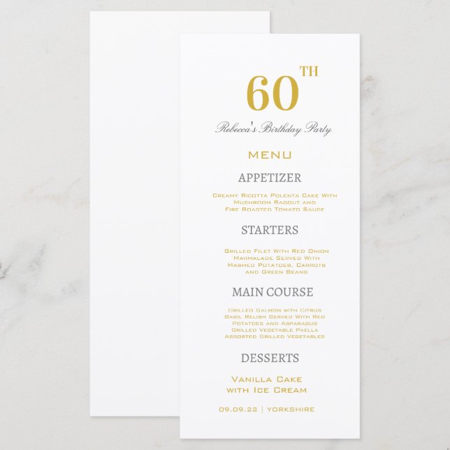 Menu Mínimo branco e Dourada 60ª Festa de aniversário p (Frente/Verso)