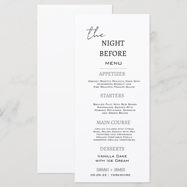 Menu Mínimo de preto e branco na noite anterior ao casa (Frente/Verso)