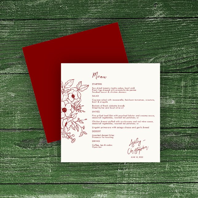 Menu Mínimo de Vermelho Botânico Floral em Casamento Br (Criador carregado)