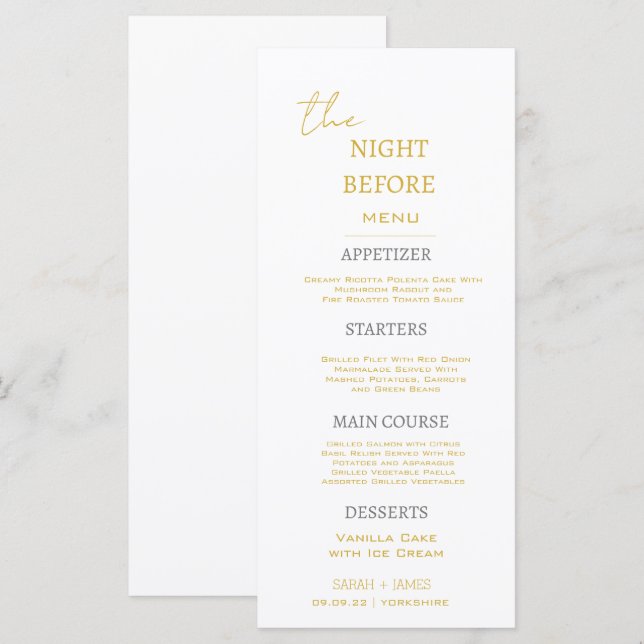 Menu Mínimo Dourado e branco na noite anterior ao casam (Frente/Verso)