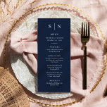 Menu Mínimo e Chic | Casamento Azul Marinho Escuro<br><div class="desc">Estes elegantes e modernos cartões de cardápio de casamento ou cartões de menu de janto de ensaio apresentam um simples design de texto azul e branco marinho que exumenta o estilo minimalista. Adicione suas iniciais ou monograma para torná-las completamente suas.</div>