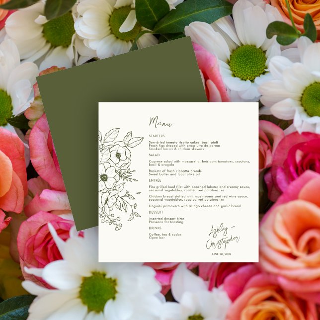 Menu Mínimo Floral Botânico Verde sobre Casamento Branc (Criador carregado)