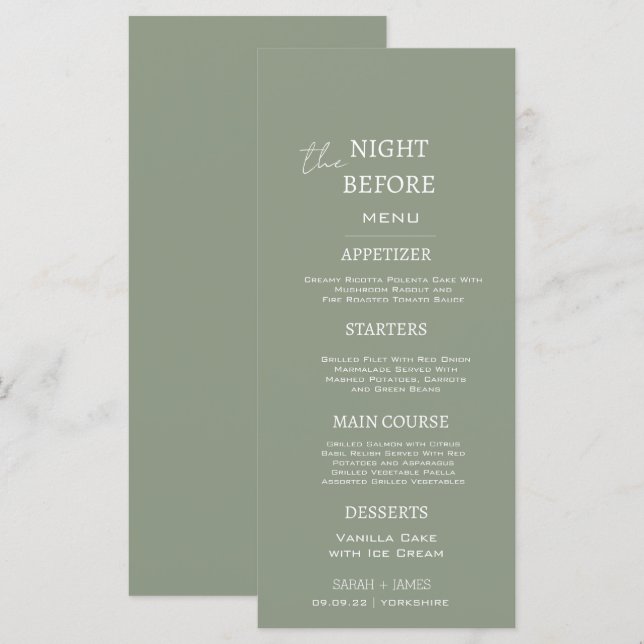 Menu Mínimo Sage Green na noite antes do casamento (Frente/Verso)
