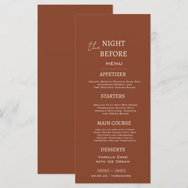 Menu Mínimo Terracotta na Noite Antes do Casamento (Frente/Verso)