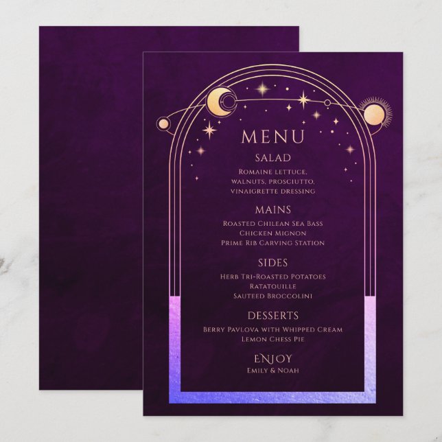 Menu Mística Arco-Íris Plum Sun Lua Estrelas Casamento (Frente/Verso)