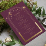 Menu Mística Plum Dourado Sol Lua Estrelas Casamento<br><div class="desc">Mística Plum Sun Moon Dourado Stars Astronomia Galáxia Cósmica Celestial Cartões de Menu Casamento Cósmico Cards apresentam um sol dourado, lua e estrelas sobre um fundo de ameixa com seus detalhes de menu no centro em um roteiro moderno de caligrafia dourada. Personalize editando o texto nas caixas de texto fornecidas....</div>