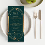 Menu Mística Verde Dourada Sol Lua Estrelas Casamento<br><div class="desc">A Lua do Sol Dourada Mística Verde Astronomia Galáxia Celestial Cartões de Casamento Cósmico apresenta um sol, lua e estrelas com uma estrutura dourada sobre um fundo verde com seus detalhes cardápios no centro em um roteiro moderno de caligrafia dourada. Personalize editando o texto nas caixas de texto fornecidas. Projetado...</div>