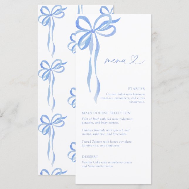 Menu Modern Blue Bow Watercolor Script Bridal Shower (Frente/Verso)