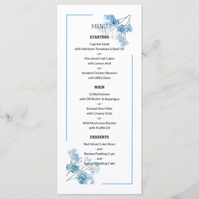 Menu Modern Blue Floral Pattern Forget-Me-Not Wedding (Frente)