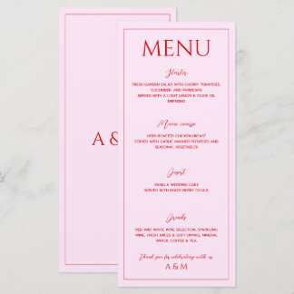 Menu Modern blush pink and red minimalist wedding