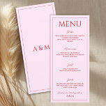 Menu Modern blush pink and red minimalist wedding<br><div class="desc">Modern and simple wedding menu in blush pink and red. Clean and easy-to-read design that matches a minimalist modern wedding theme. Includes course description - starter,  main course,  desert and drinks information which is easy to edit and personalize.</div>