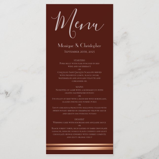Menu Modern Burgundy and Copper Wedding (Frente)